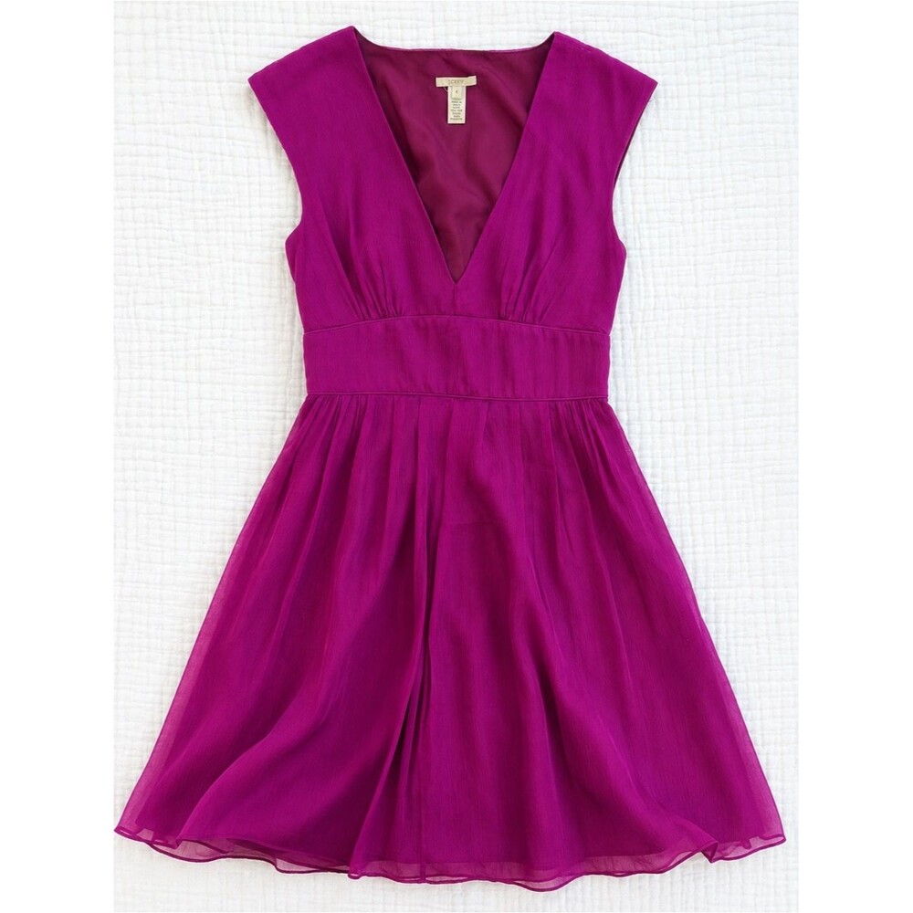 J.Crew Silk Deep V Cocktail Dress Magenta Pink Sleeveless Fit Flare Size 4